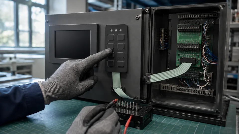 Generated illustration of a machine HMI panel, flexible tail and connector during a simulated manual-input check; not a factory test or customer installation