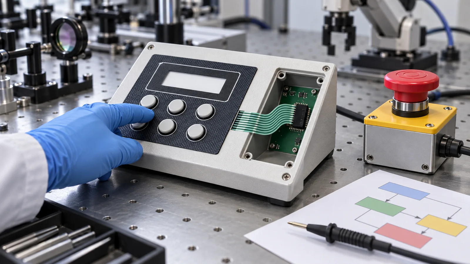 Generated engineering scene of an automated-lab membrane keypad review with a separate safety-stop box and visible internal tail connector