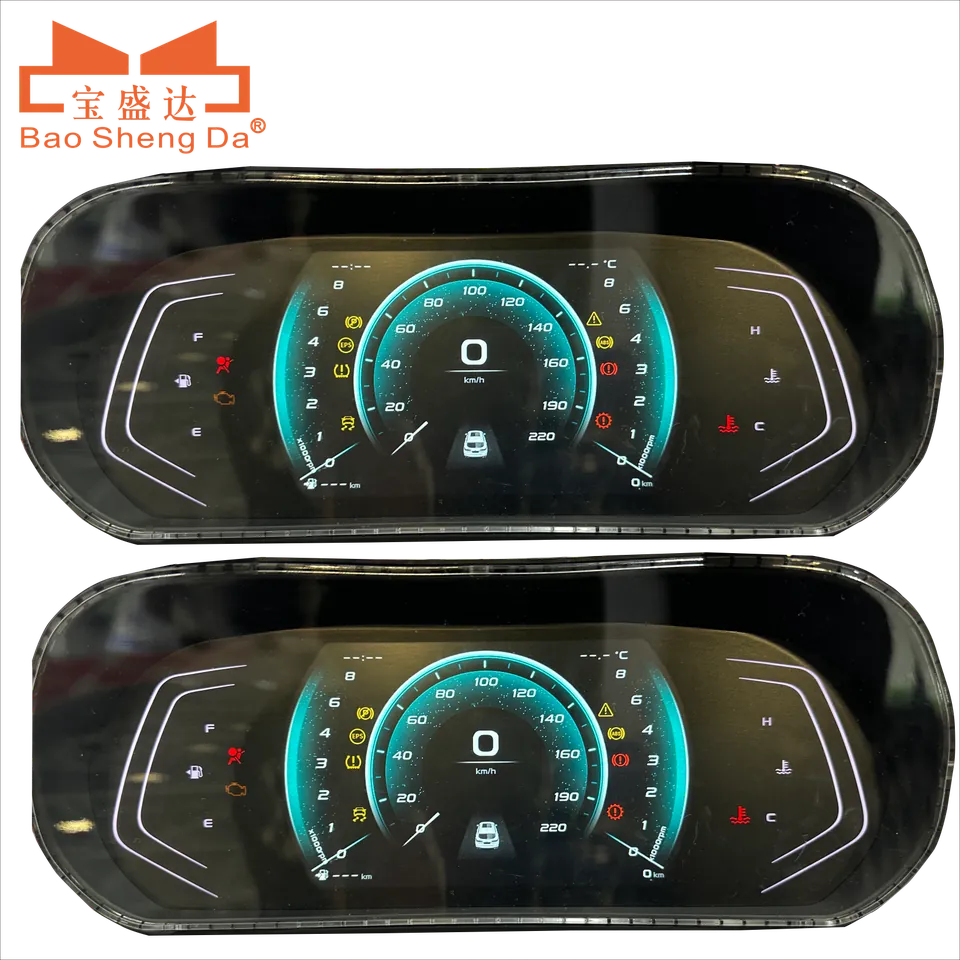 Two complete Baoshengda automotive instrument-panel samples with central vehicle-state displays and separate warning zones