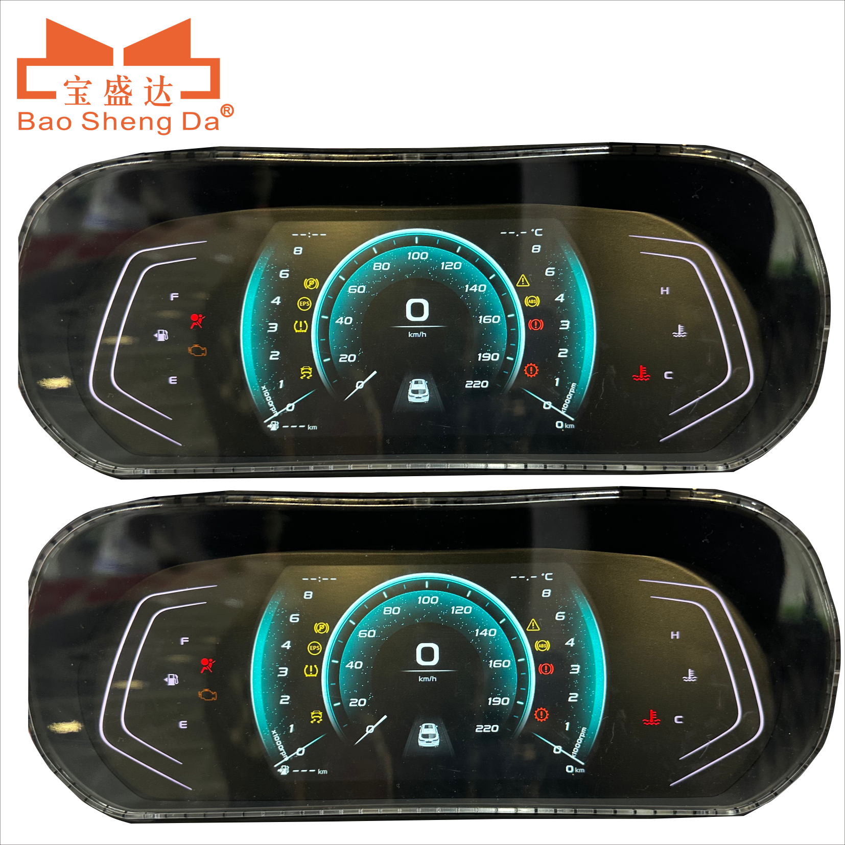 Two complete Baoshengda automotive instrument-panel samples with central vehicle-state displays and separate warning zones