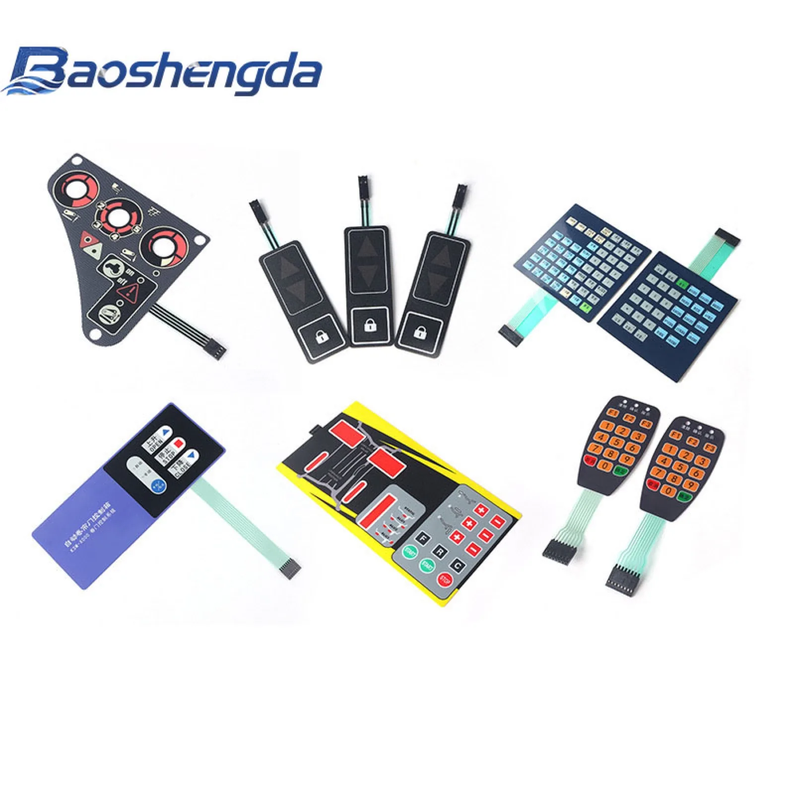 Industrial automation HMI membrane switch and control panel samples with printed overlays and flexible tails