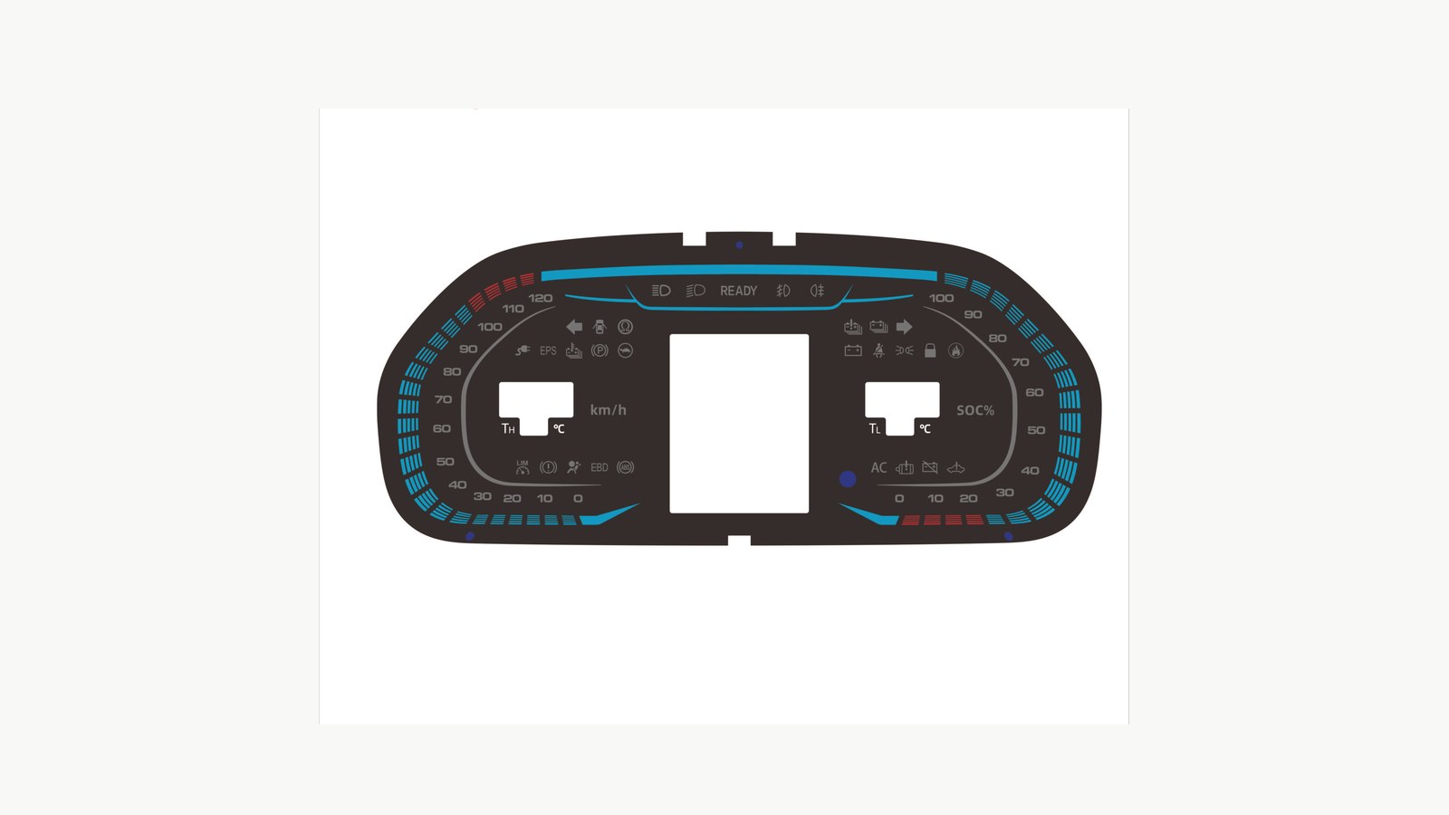Real automotive dashboard overlay sample with display windows and printed control areas
