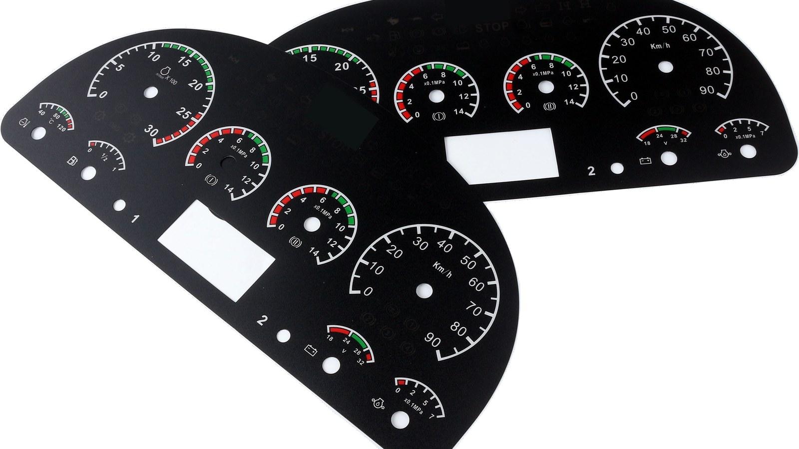 Real product crop showing automotive dashboard overlay samples with display windows and backlit icon areas for sample review