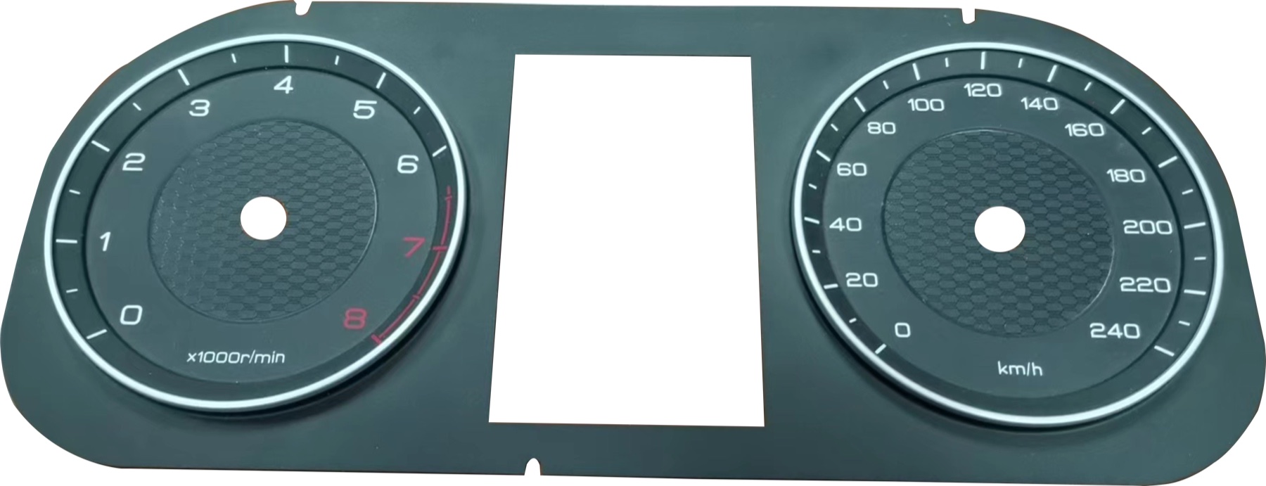 Automotive dashboard graphic overlay with speedometer markings, warning icon areas, display window, and printed HMI details