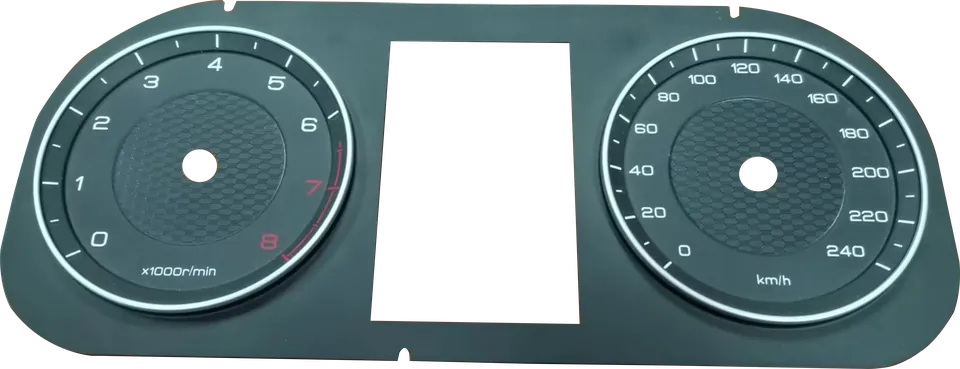 Complete printed automotive instrument overlay with two dial graphics, opaque masking and a central display window
