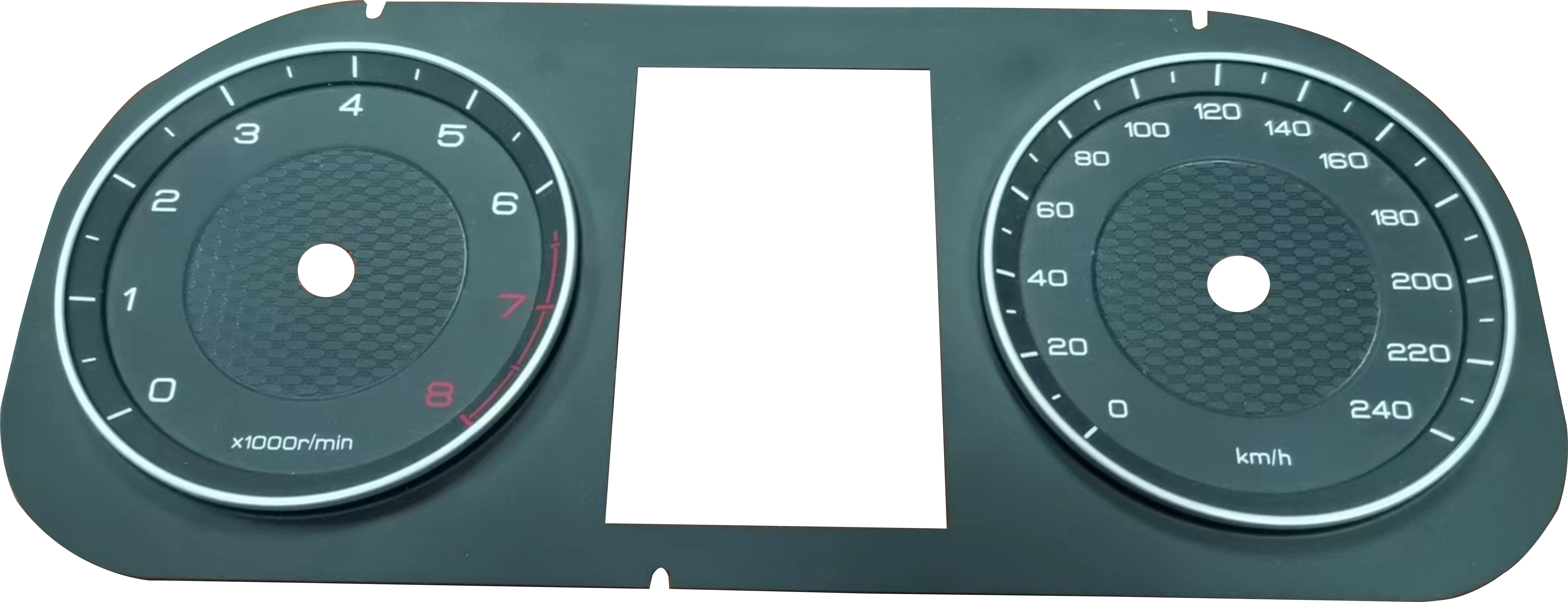 Complete printed automotive instrument overlay with two dial graphics, opaque masking and a central display window