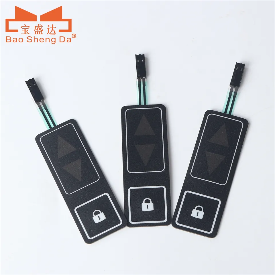 Three complete automotive door control panels with separate window-direction and lock key zones, flex tails and connectors