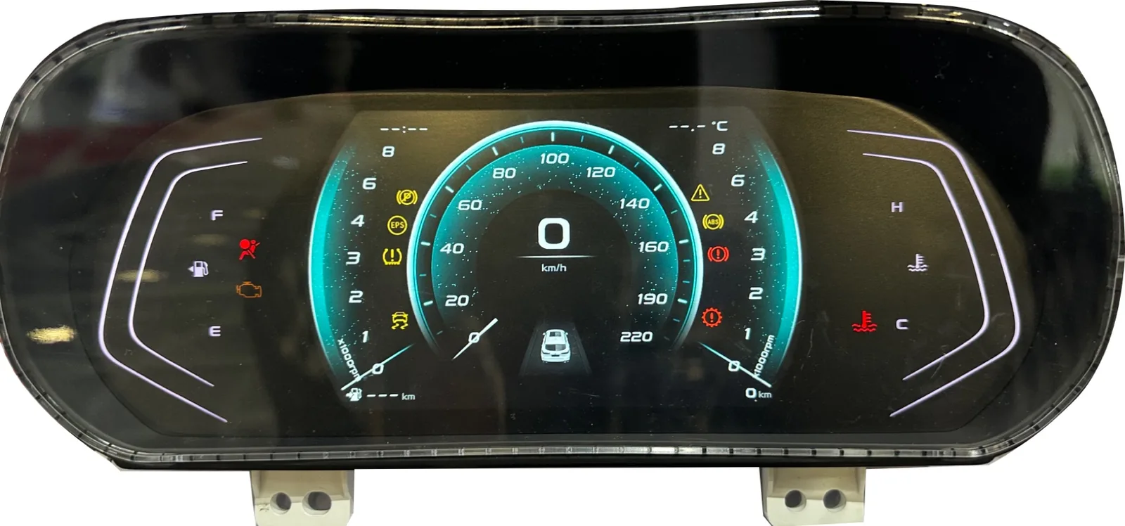 Automotive instrument-cluster interface sample showing illuminated legends, display area and housing fit