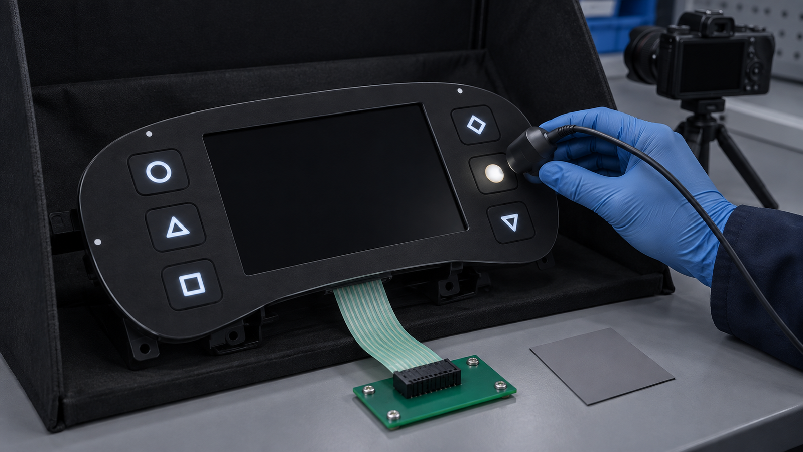 Generated engineering scene of an automotive HMI night sample checked with a luminance probe and camera