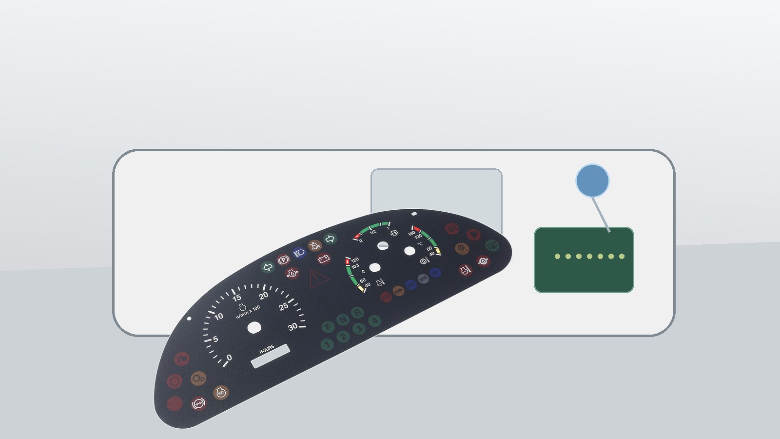 NAS-enhanced automotive HMI engineering scene with dashboard overlay, touch surface, housing window, and PCB check context