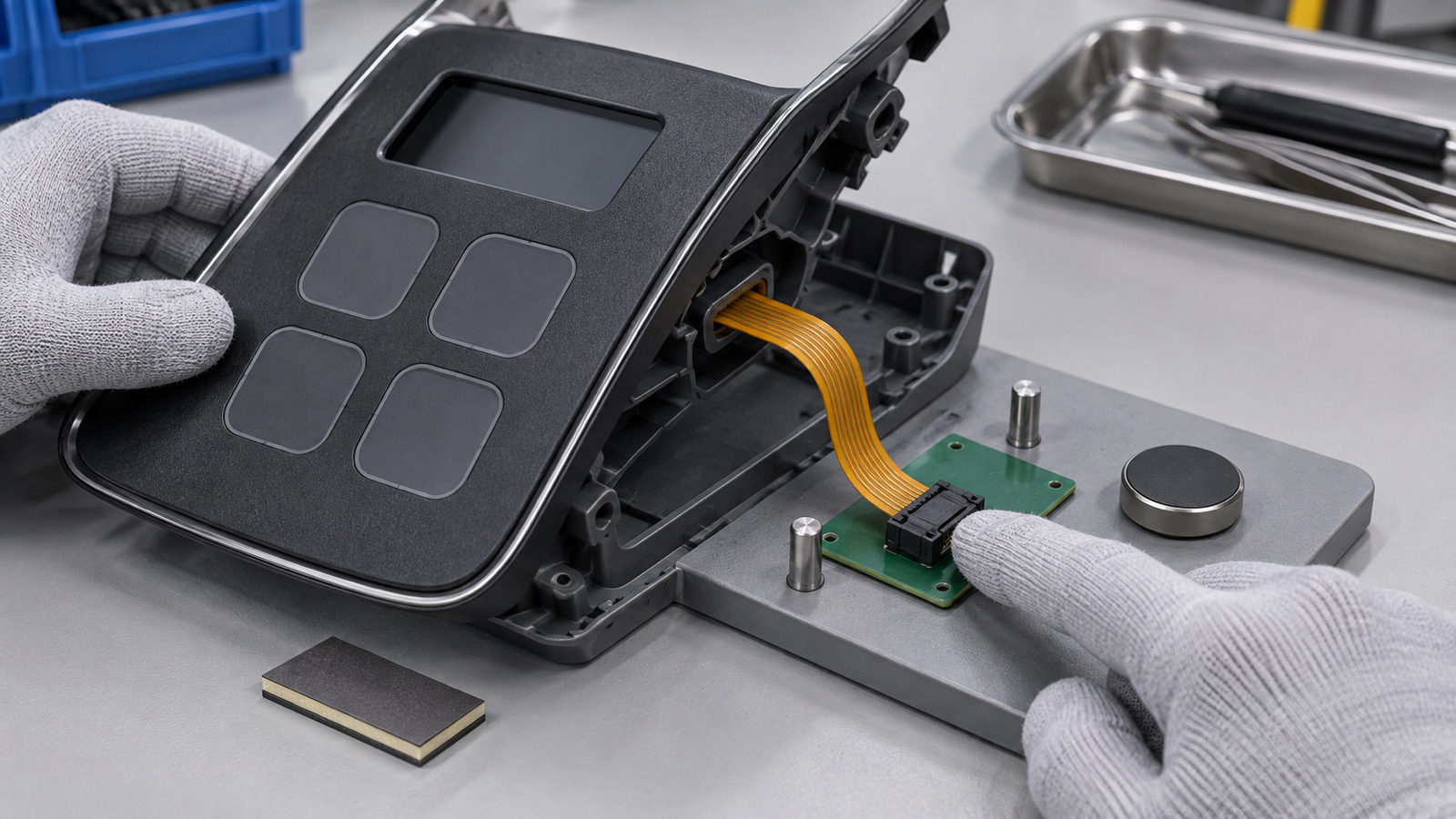 Generated engineering review scene for automotive smart-surface HMI flex-tail and connector scope