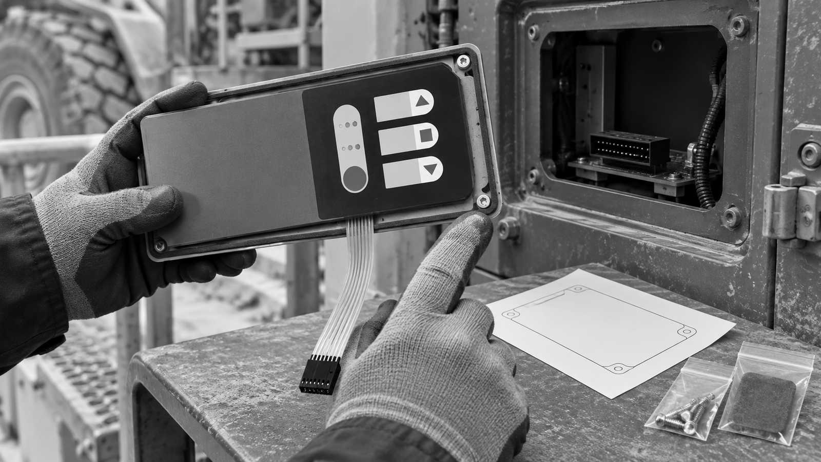 Generated engineering scene showing a complete off-highway service-panel assembly, gasket boundary, flexible tail and connector during supplier-scope inspection