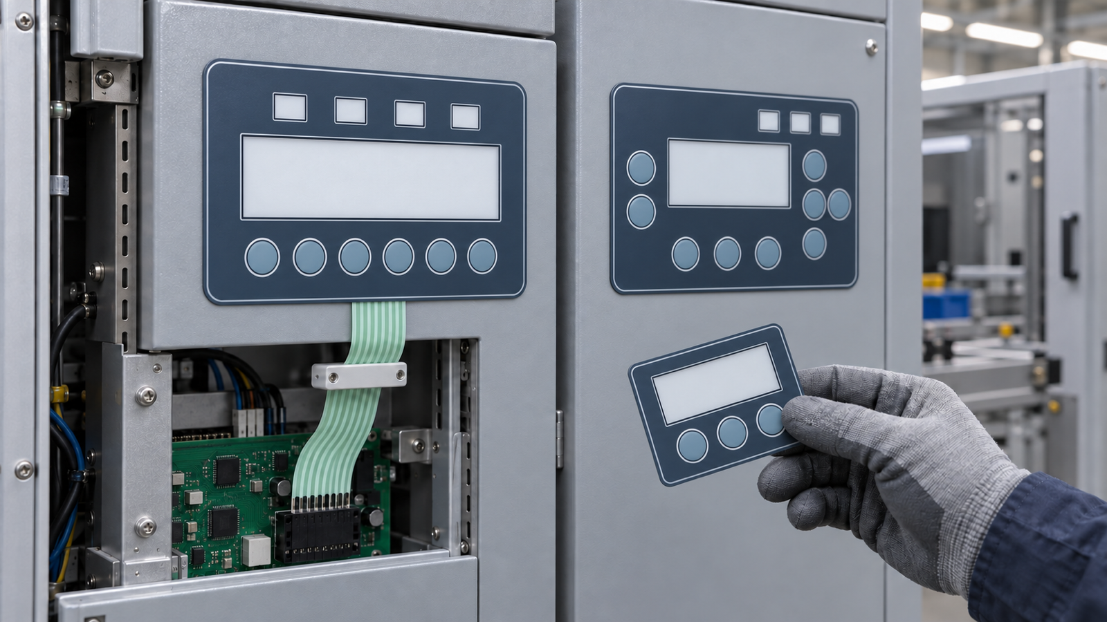 Generated engineering scene comparing common-platform membrane HMI variants on battery pilot-line equipment