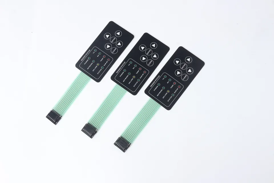 Three complete custom membrane keypad samples with status windows, directional service keys, full flexible tails and connector ends