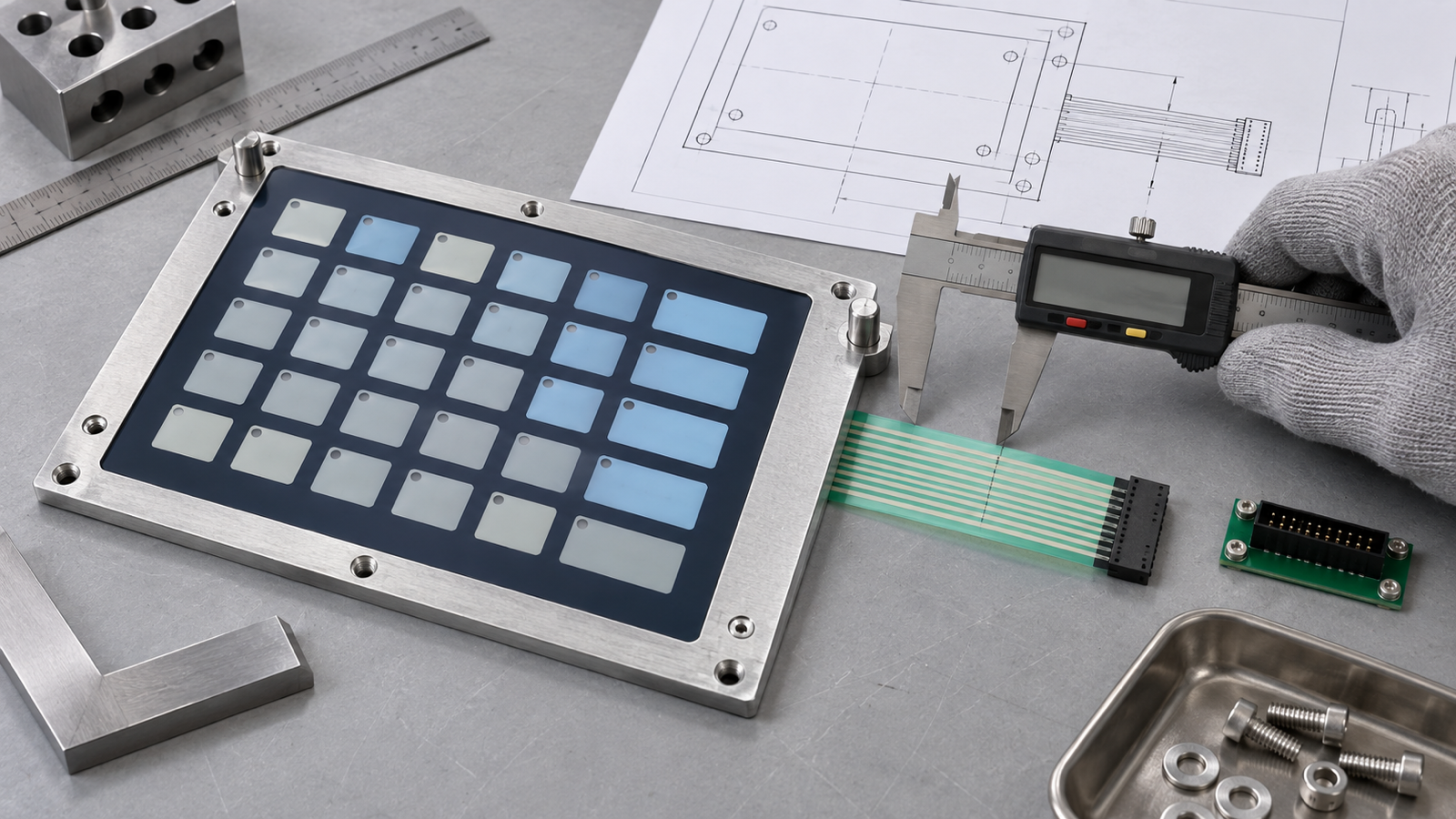 Generated engineering scene showing a CNC operator-panel membrane keypad, complete FPC tail and connector during mounting-datum inspection