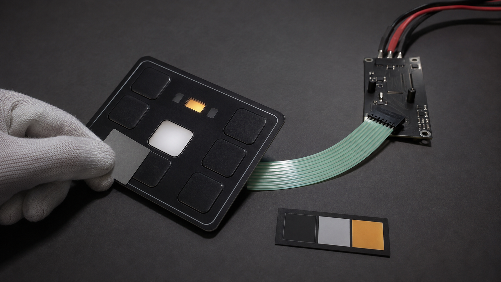 Engineering scene of a commercial-vehicle backlit HMI optical-zone sample review with the complete flexible tail and connector visible