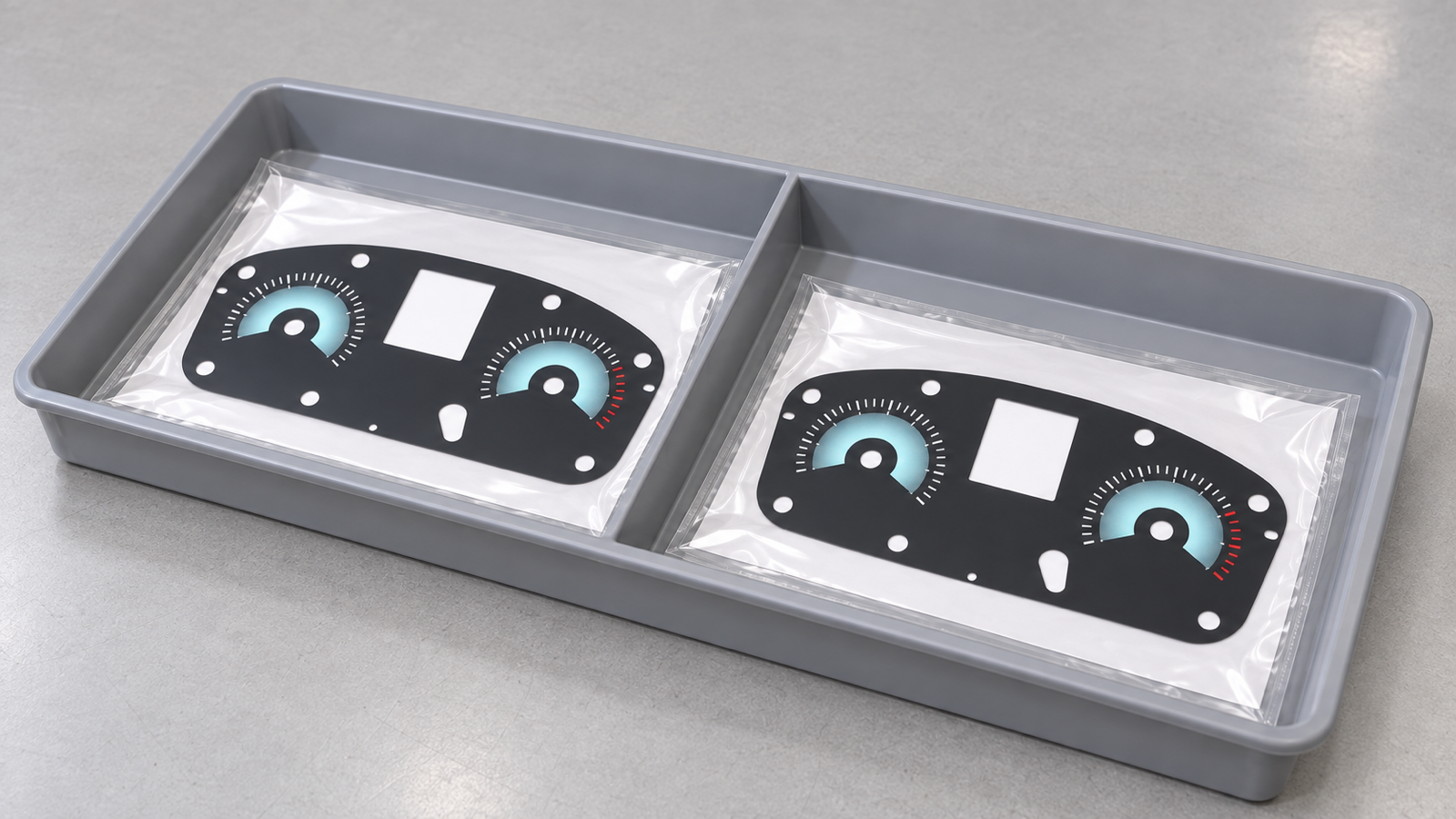 Generated engineering scene of two passive dashboard overlay faces in separate protective sleeves and divided receiving-tray compartments