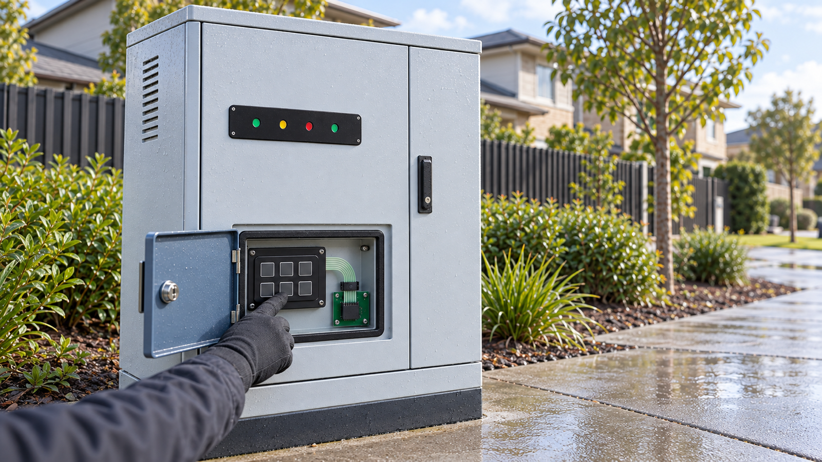 Generated engineering application scene showing an outside community-battery status panel and protected inner service keypad