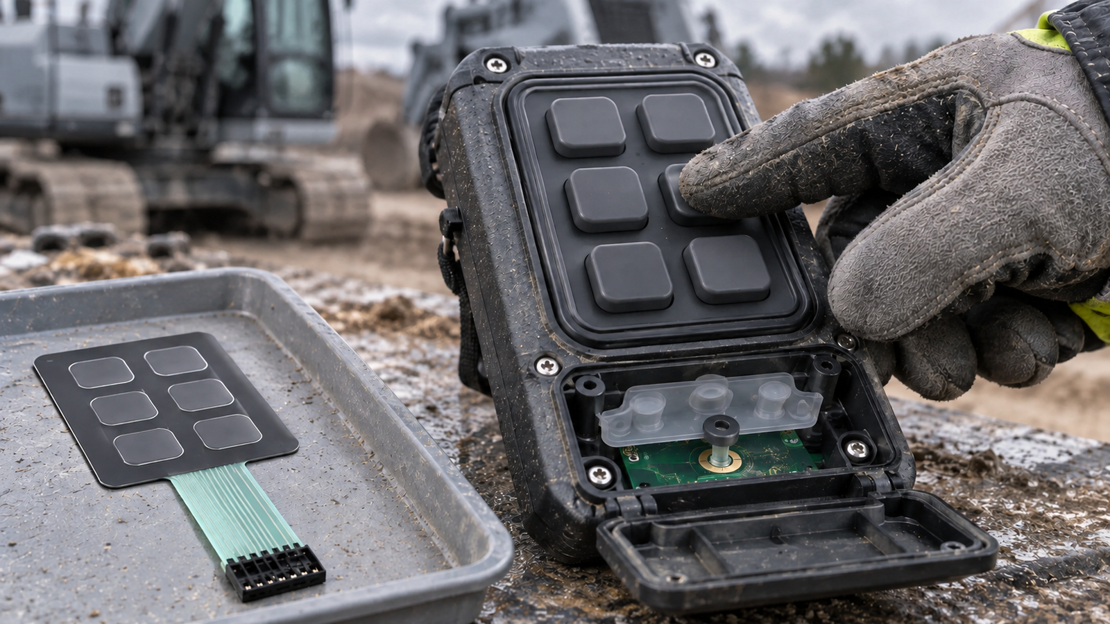 Generated engineering application scene comparing raised rubber keys and a flat membrane overlay for a construction-machine remote