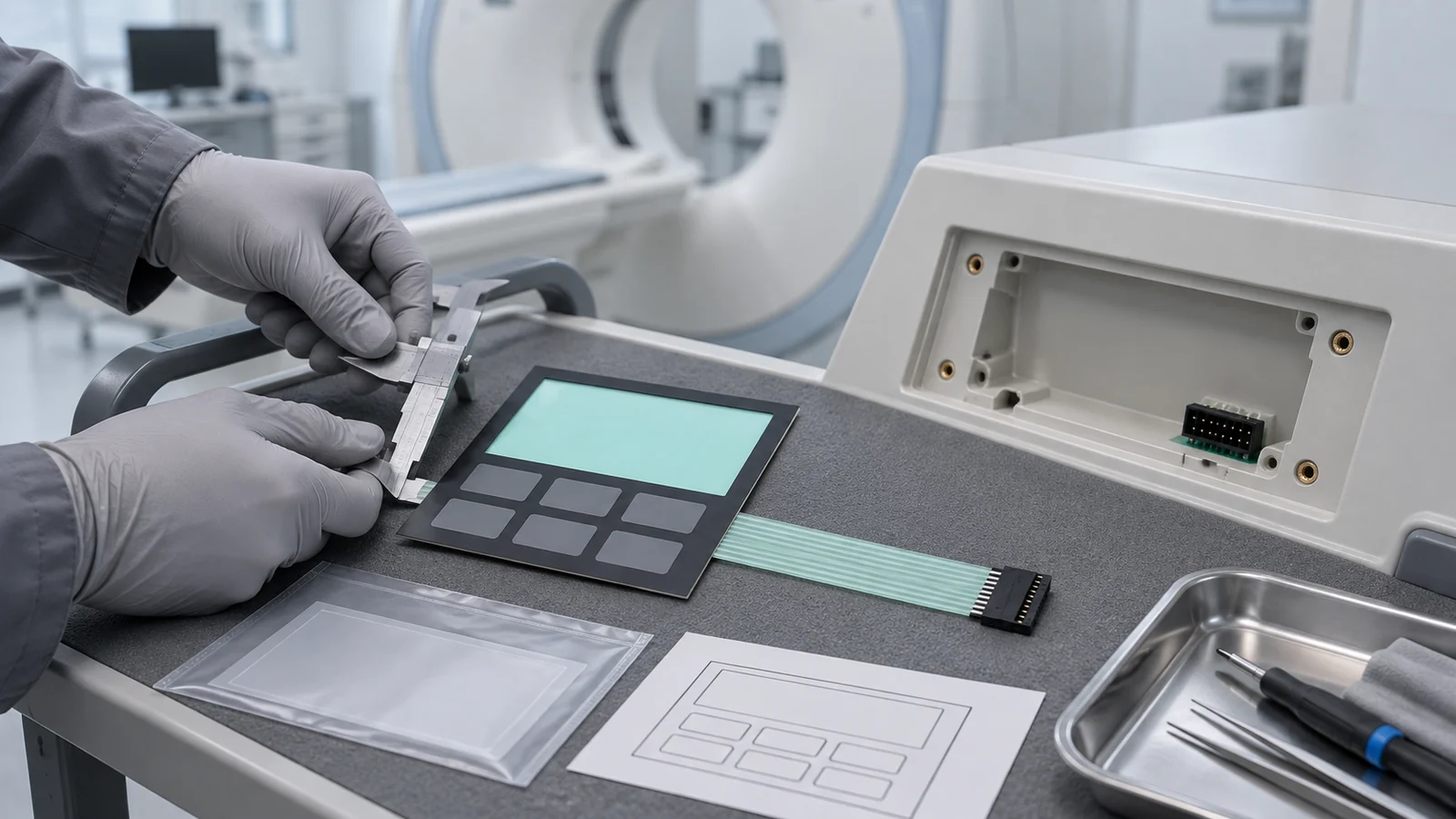 Generated engineering scene of a medical-imaging operator-panel replacement sample undergoing a caliper datum check beside its console recess