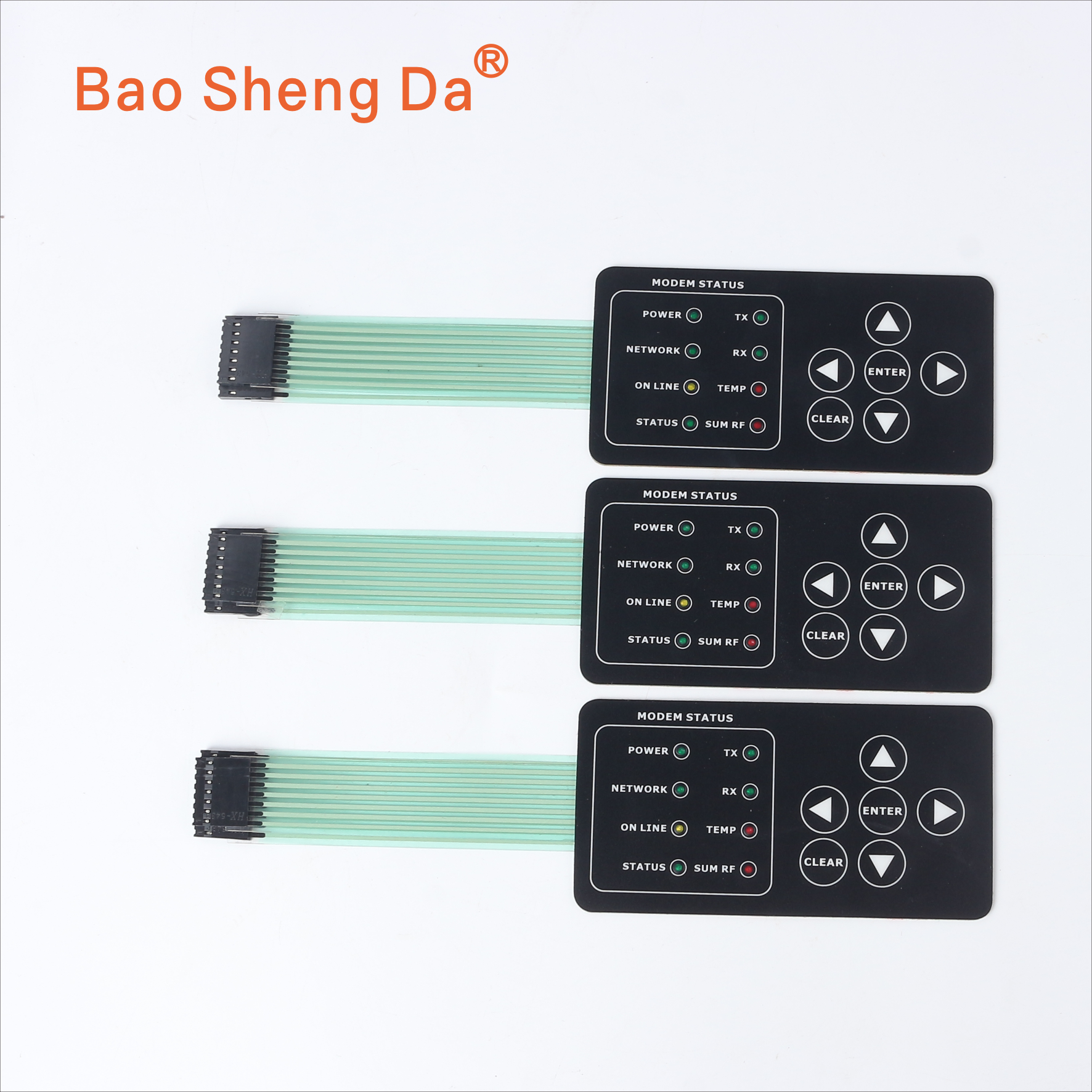 Three complete LED membrane switch panels with colored indicator windows, key zones, flexible tails and connectors