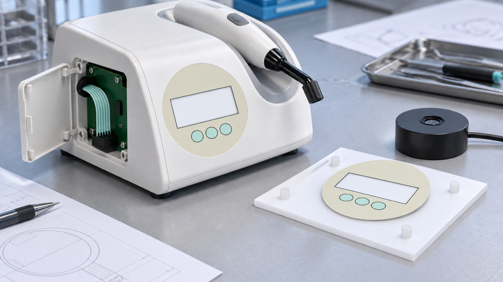 Generated engineering scene for dental curing-light membrane control-panel sample approval and separate optical evidence review