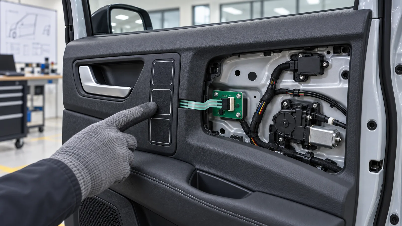 Generated engineering scene of a blank three-zone automotive door button panel with its tail and connector exposed beside a separate actuator harness