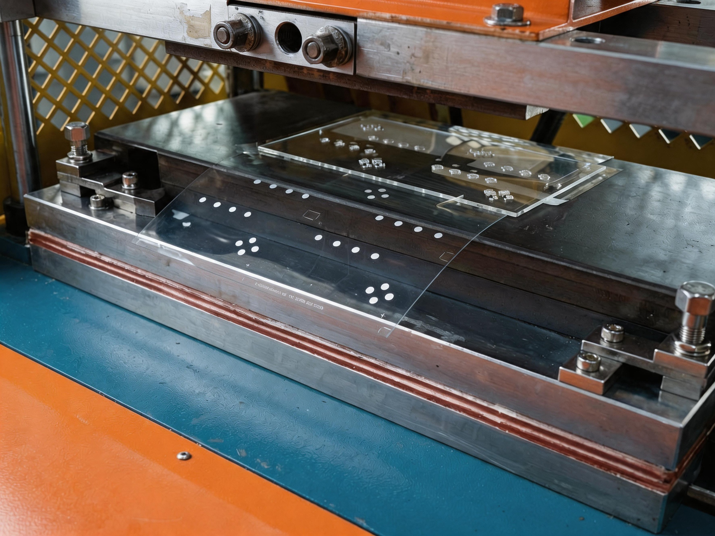 Transparent graphic overlay sheets with raised button patterns positioned on an embossing tool in a production press