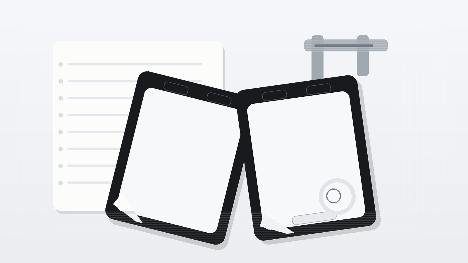 Technical illustration showing two embossed PET graphic overlay samples on a review desk with a checklist sheet and measuring tool