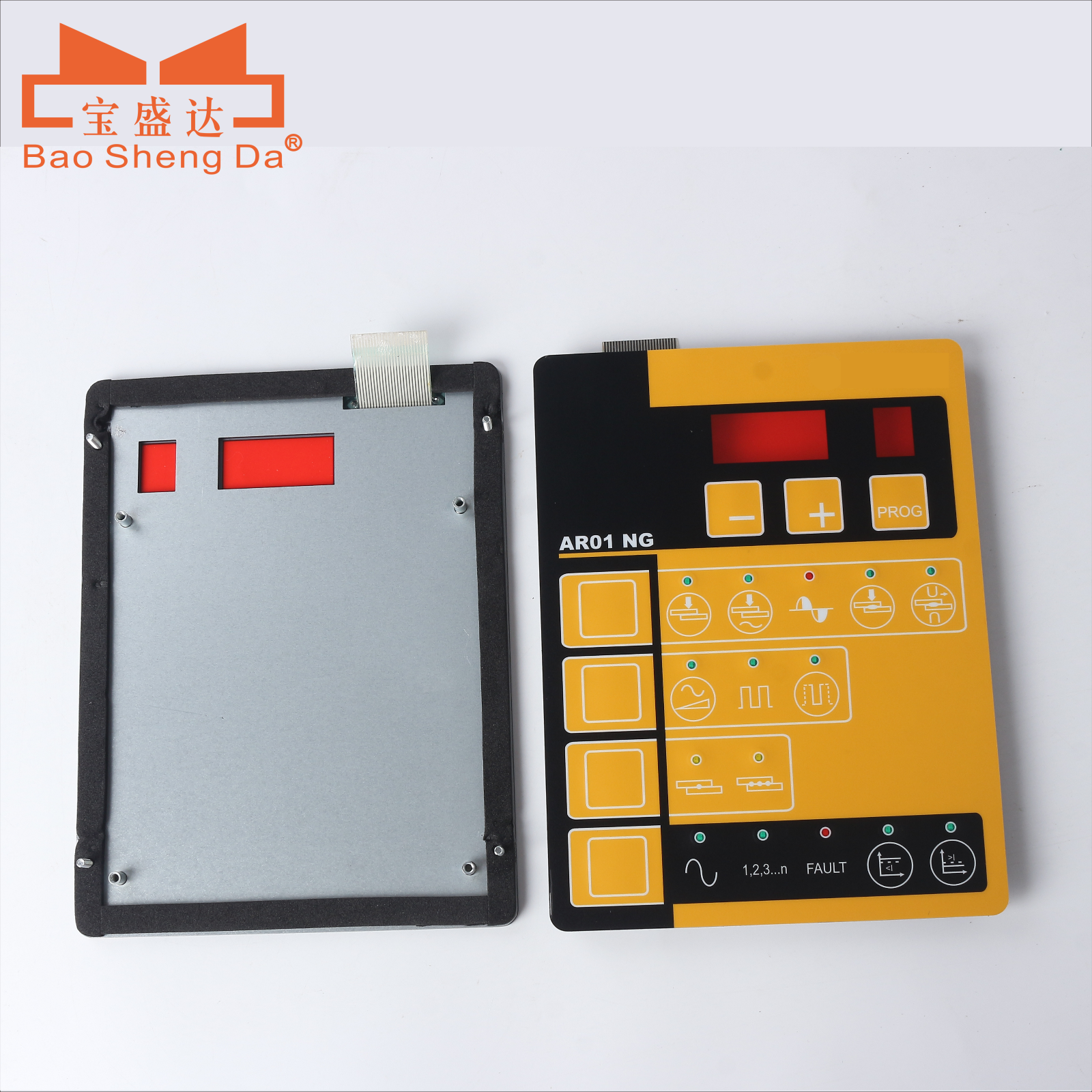 Complete yellow membrane control panel beside its backing plate, with display windows, status LEDs, function keys and fault indicator