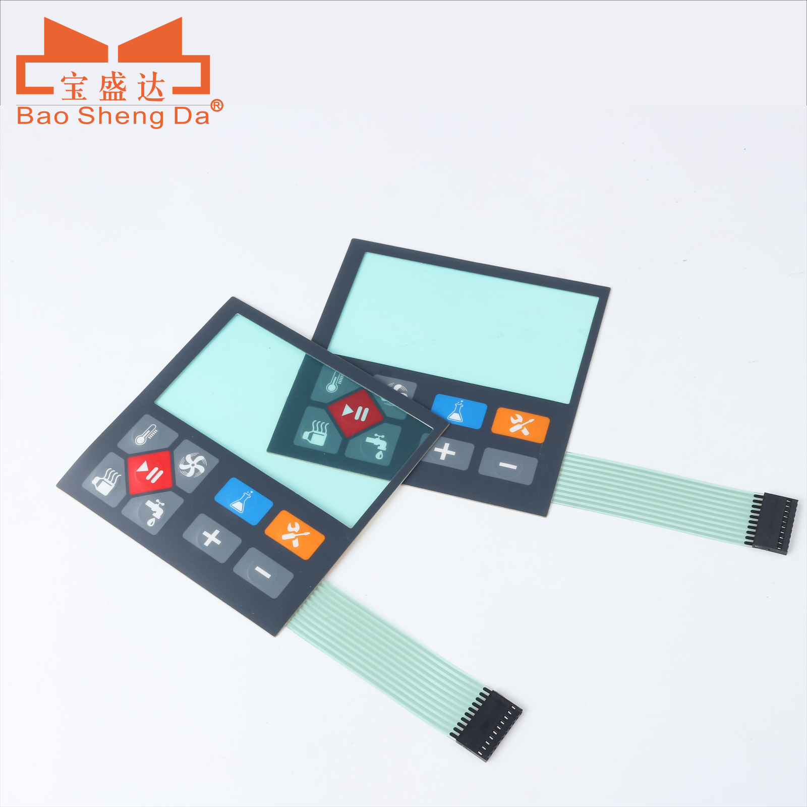 Real Baoshengda HMI panel samples with display windows, icon input zones, complete flex tails and connectors