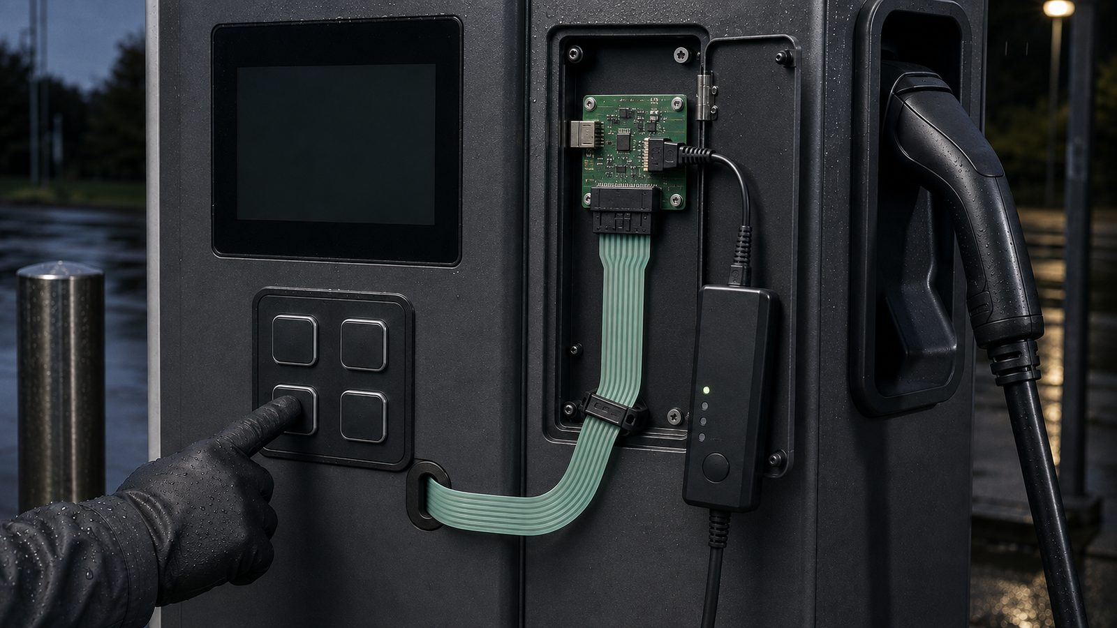 Engineering application scene of a mounted EV charger keypad input test with seal, flexible tail, connector and event logger visible