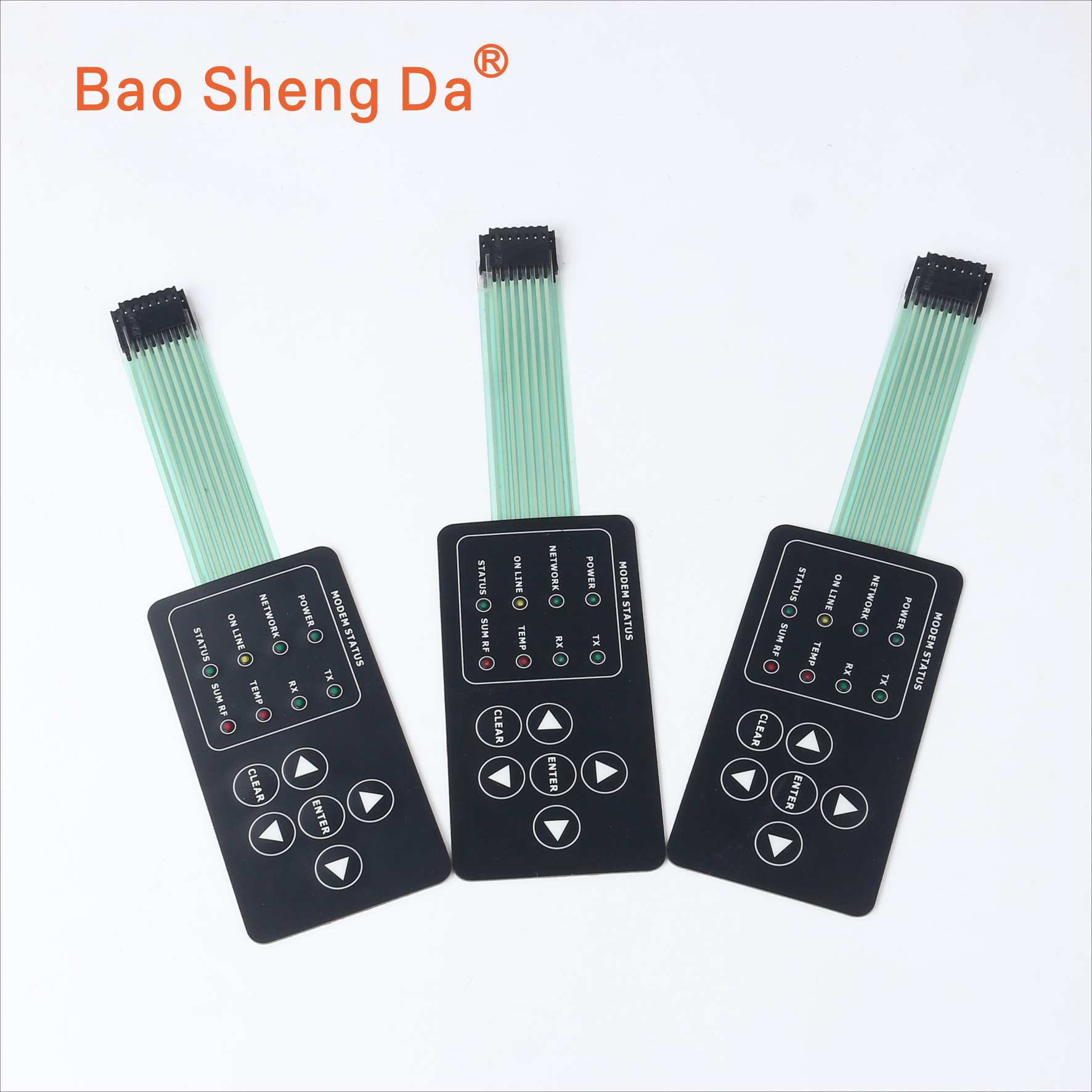 Three complete black membrane keypads with status indicators, navigation keys, flexible tails and connector housings