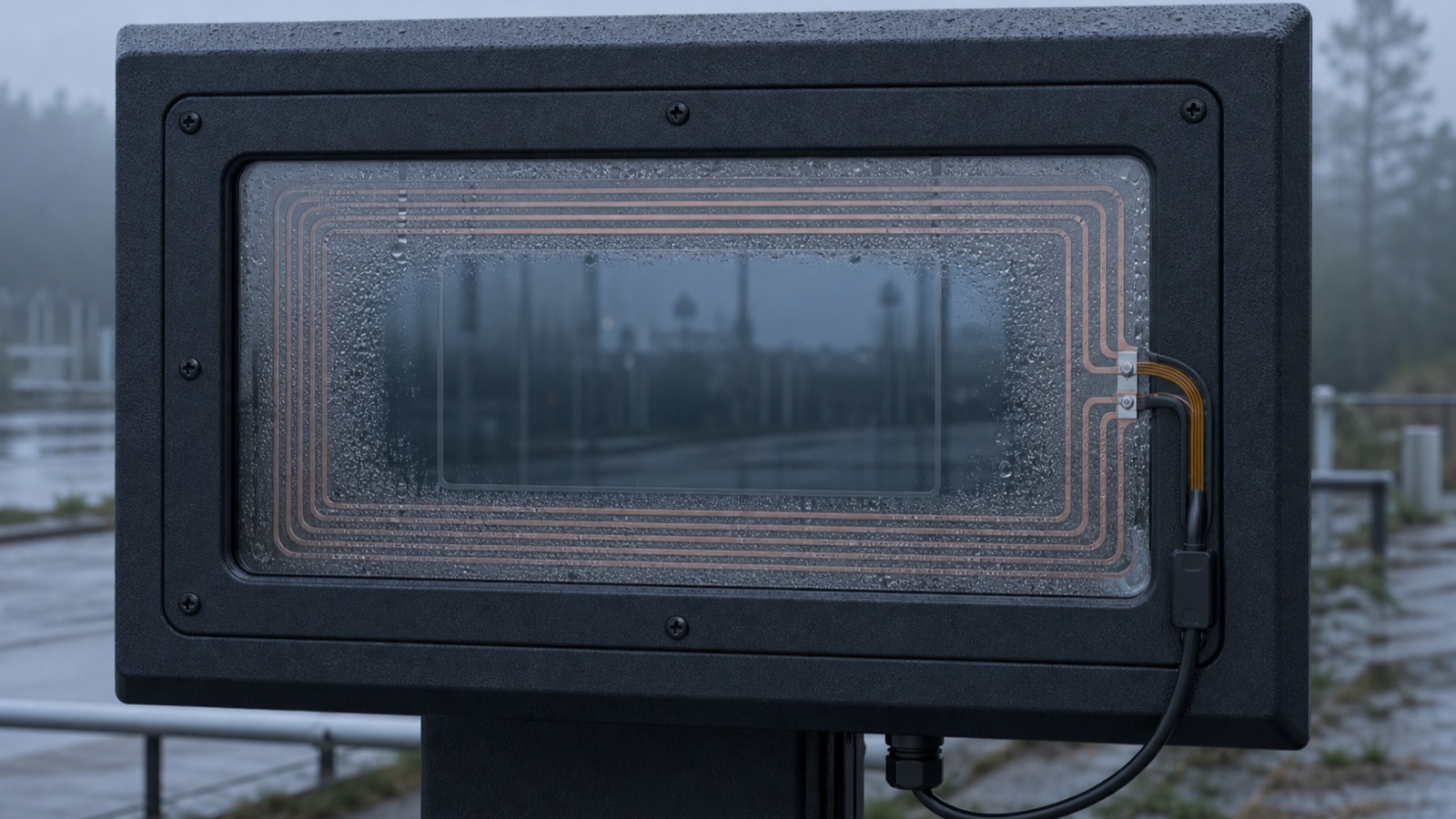 Technical cover image showing a flexible heating film around an outdoor equipment viewing window with edge condensation during startup
