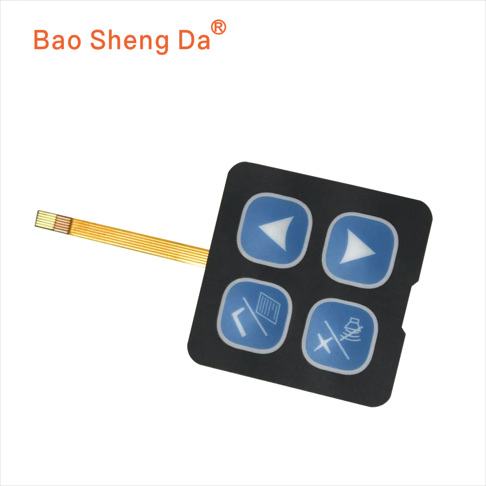 Complete four-key FPC membrane switch panel with flexible amber tail and exposed contact fingers