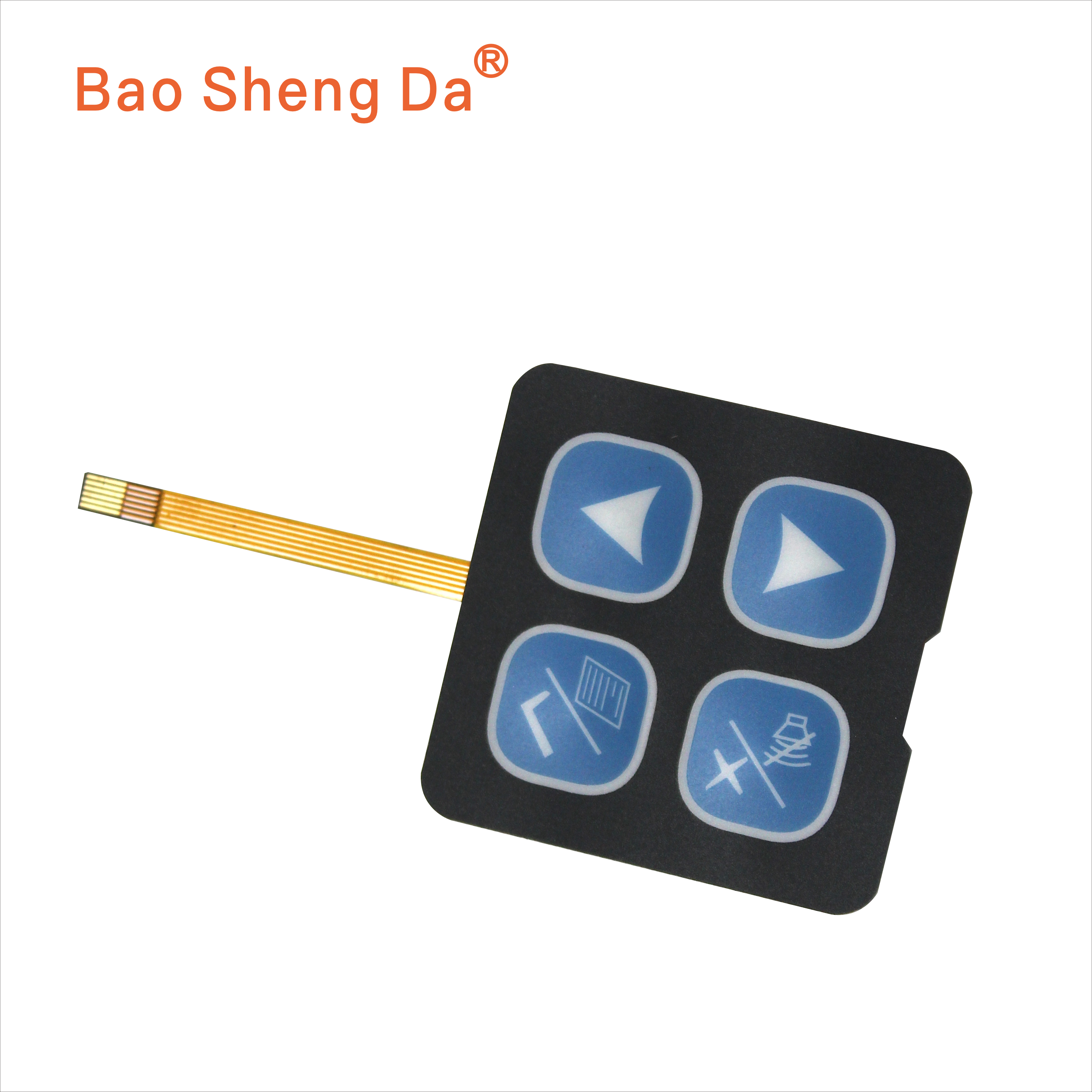 Complete four-key FPC membrane switch panel with flexible amber tail and exposed contact fingers