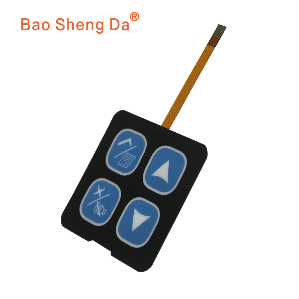 Complete four-key FPC membrane switch with a full flexible tail and exposed contact fingers