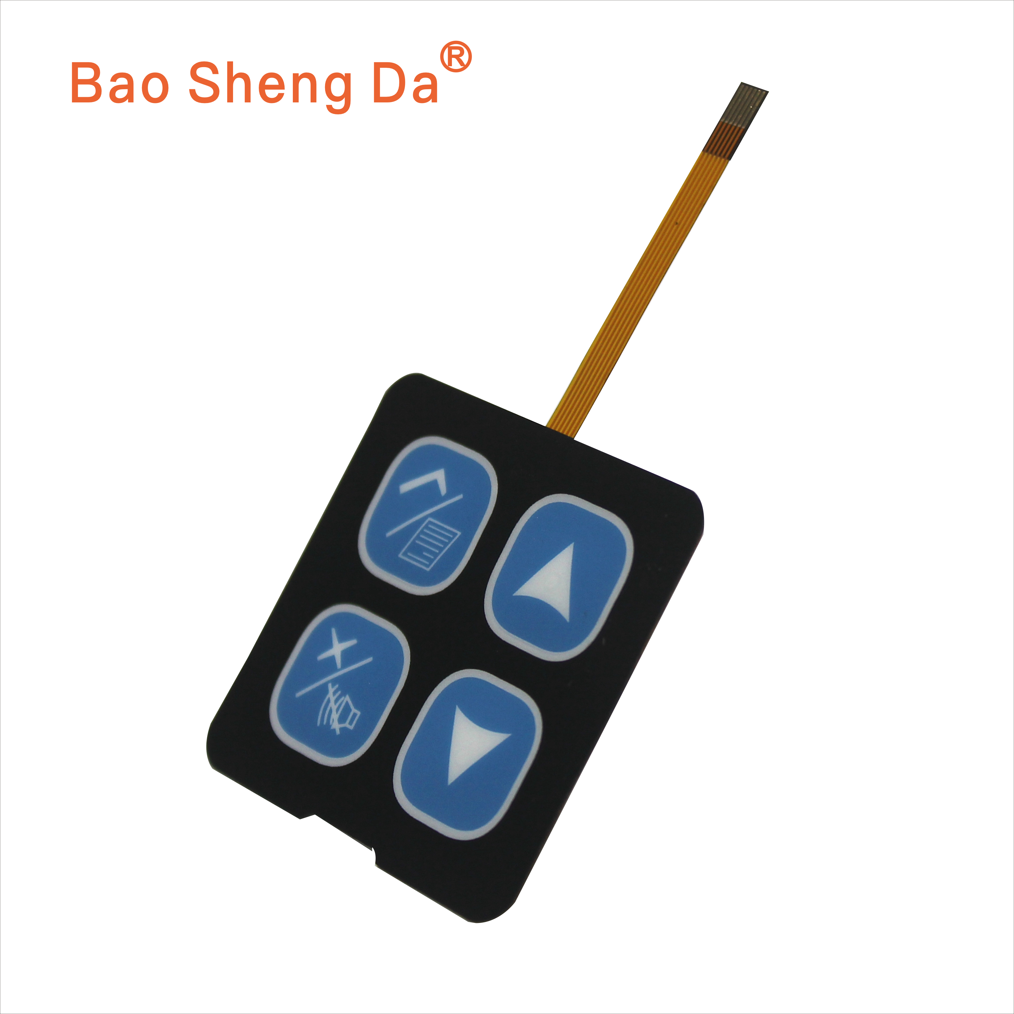 Complete four-key FPC membrane switch with a full flexible tail and exposed contact fingers
