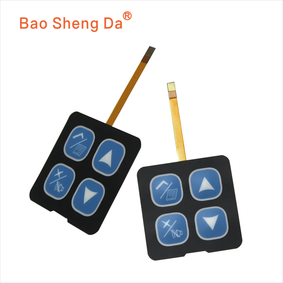 Two complete four-key FPC membrane switch keypads with long flexible tails and exposed contact fingers