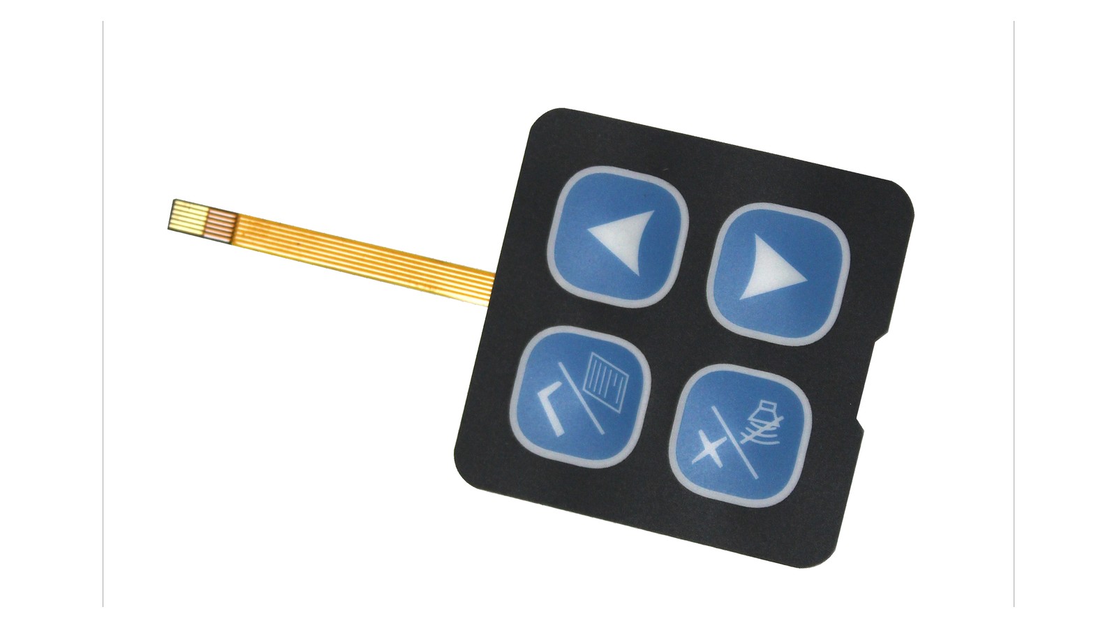 Real FPC membrane switch sample with the full keypad, flexible tail and exposed contact end visible on a white background