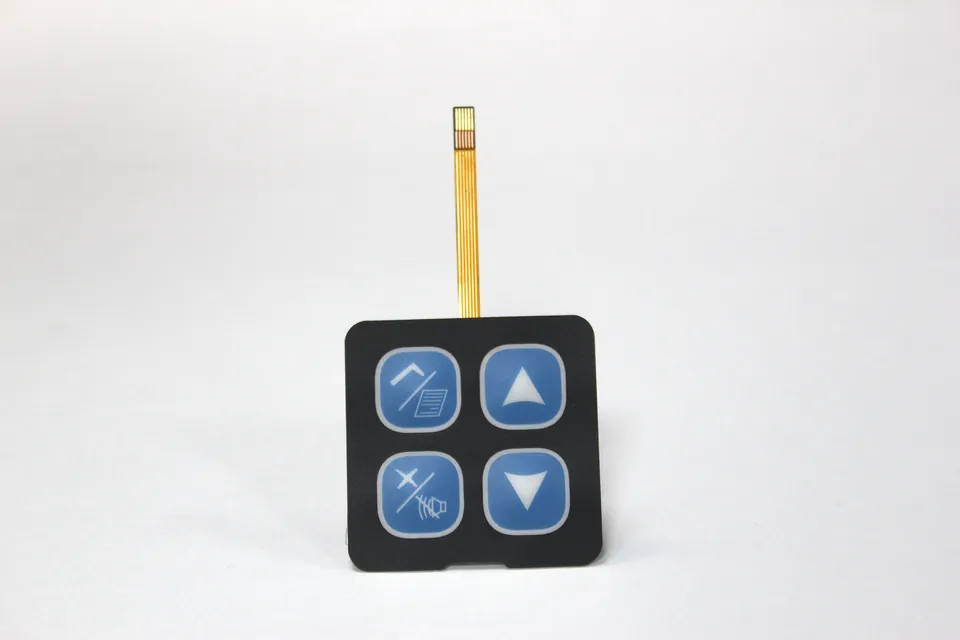Complete four-key membrane keypad with a straight amber flexible circuit tail and exposed contact fingers