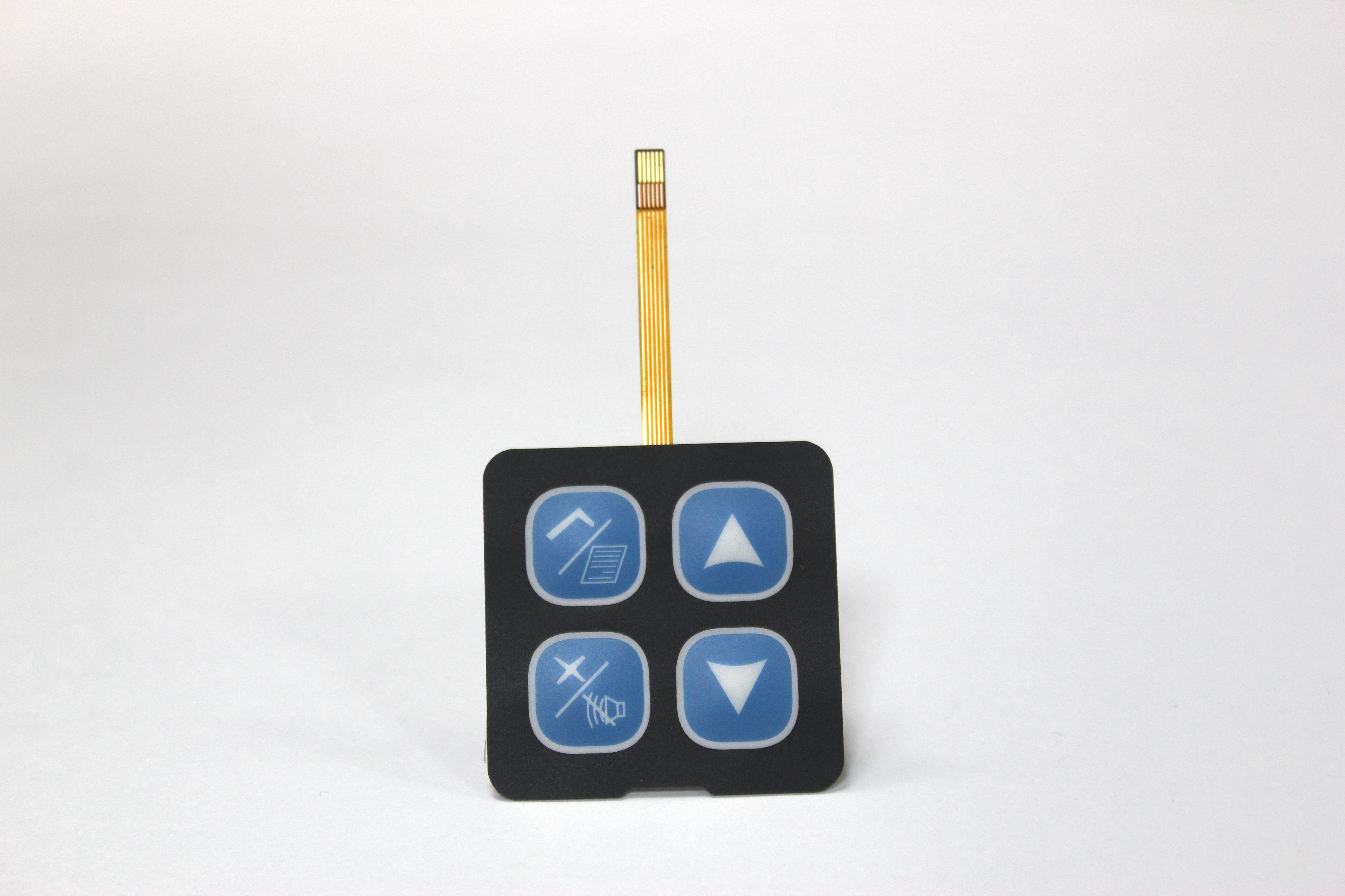 Complete four-key membrane keypad with a straight amber flexible circuit tail and exposed contact fingers