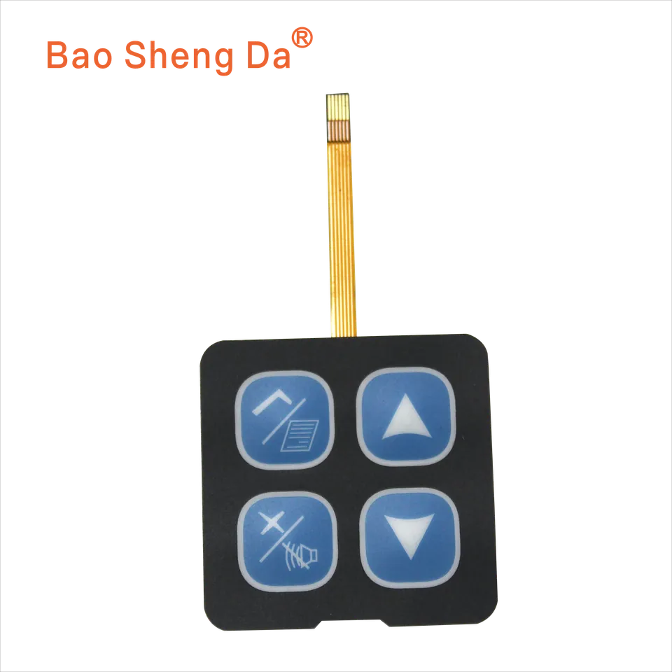 Complete original Baoshengda FPC membrane switch keypad with flex tail, exposed contact fingers and owned logo