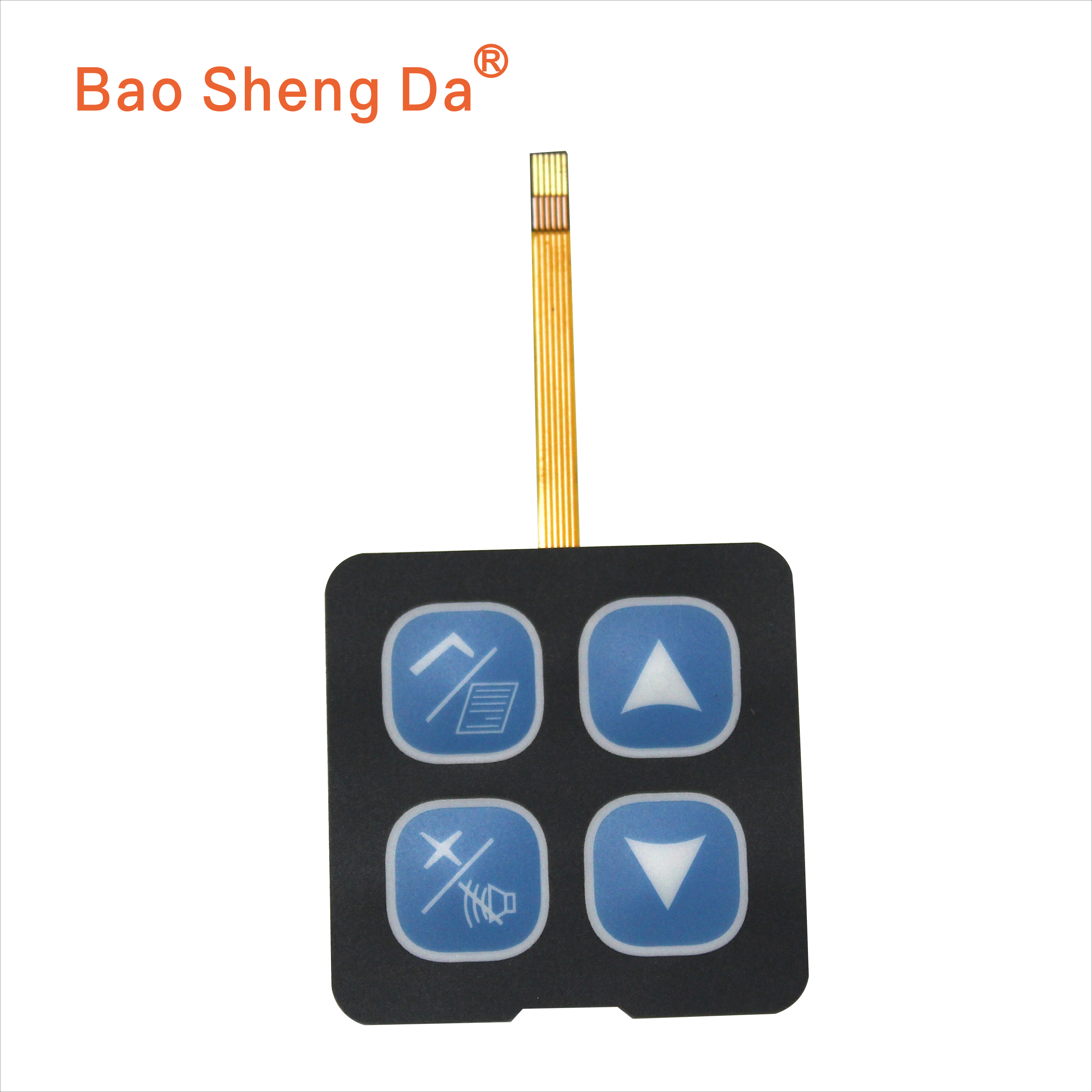 Complete original Baoshengda FPC membrane switch keypad with flex tail, exposed contact fingers and owned logo