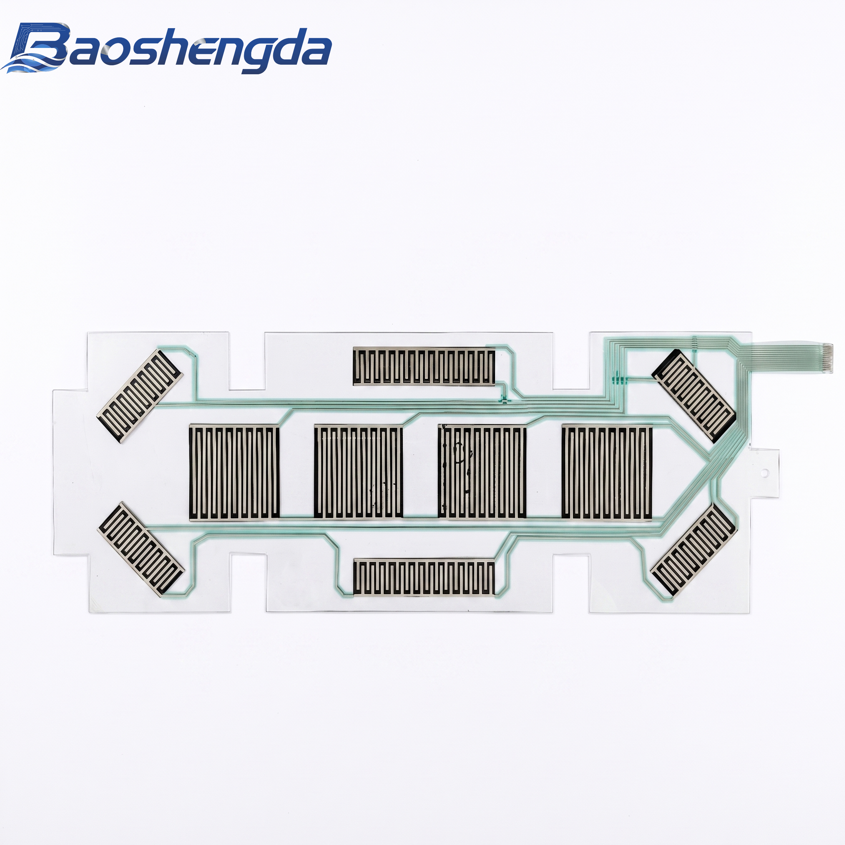 Complete multi-zone flexible pressure sensor array with printed sensing electrodes, circuit traces and exposed tail contacts