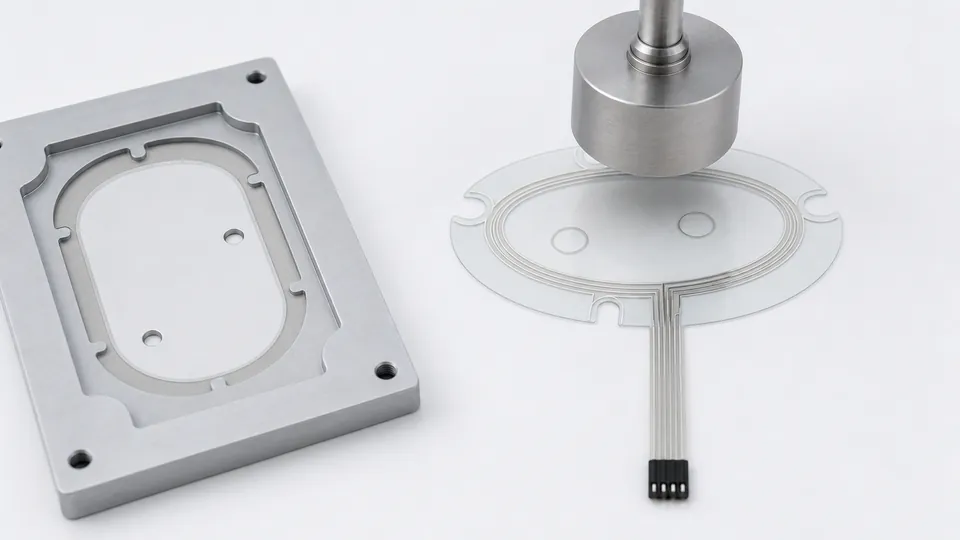 Technical sample review scene with a translucent FSR pressure sensor, actuator, and fixture plate