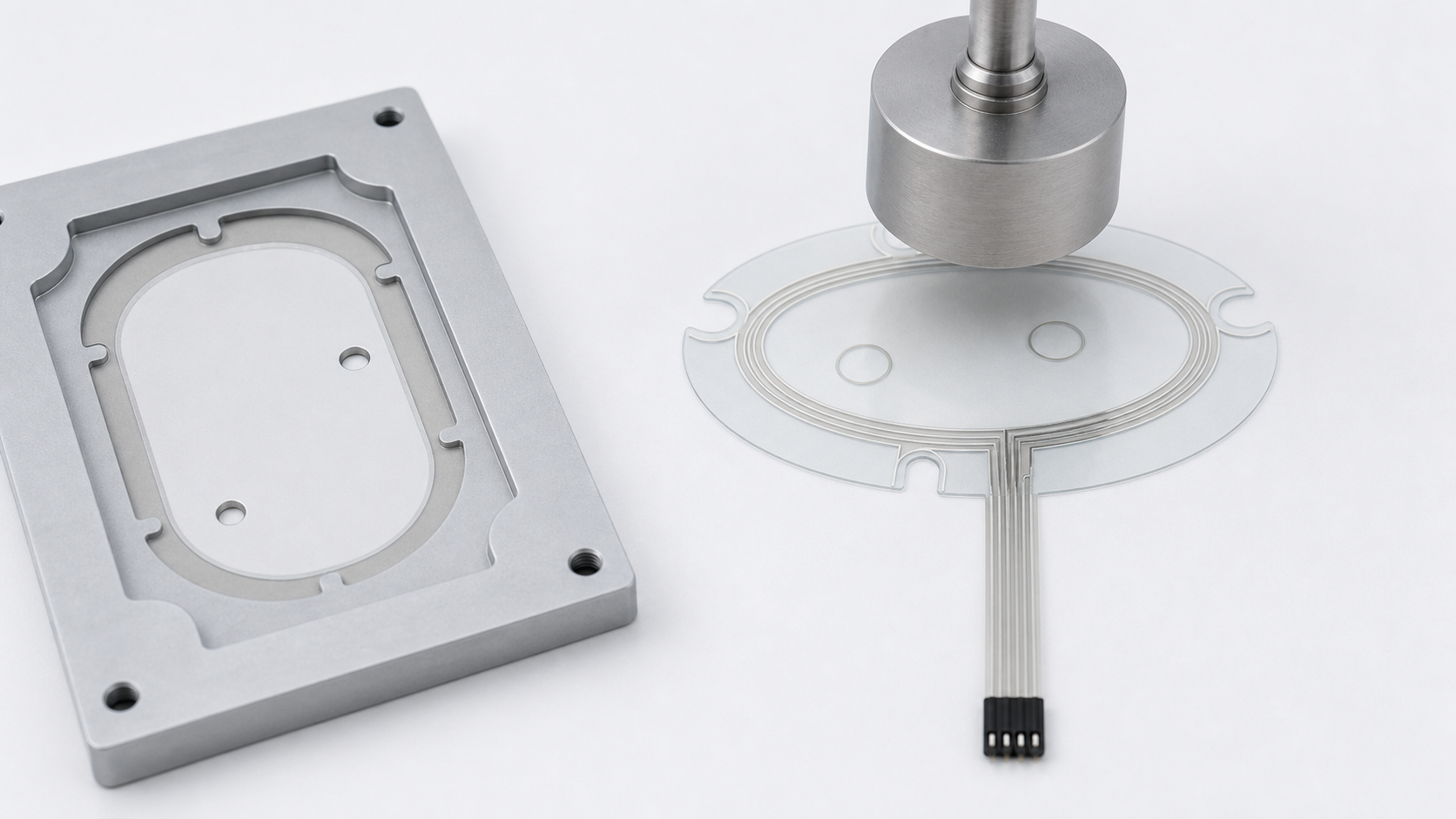 Technical sample review scene with a translucent FSR pressure sensor, actuator, and fixture plate