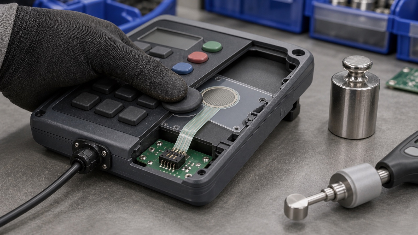 Technical application scene showing an FSR pressure sensor integrated under a control-pad actuator with its tail routed to a PCB