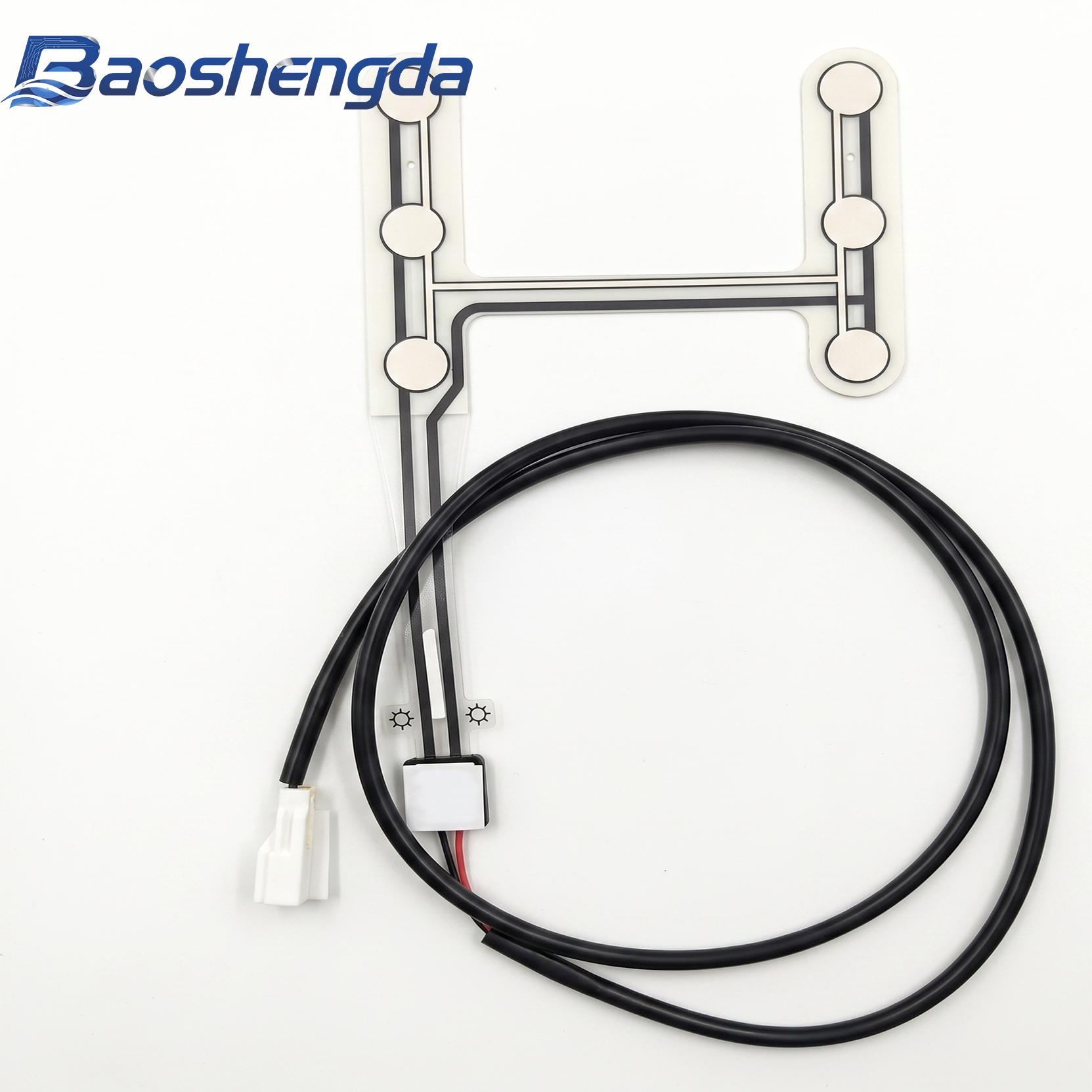 Complete Baoshengda multi-zone FSR pressure sensor with printed sensing areas, full cable and connector
