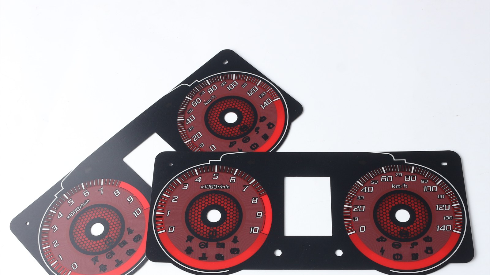 Real product image crop showing a dashboard-style graphic overlay panel with large clear windows and printed gauge zones